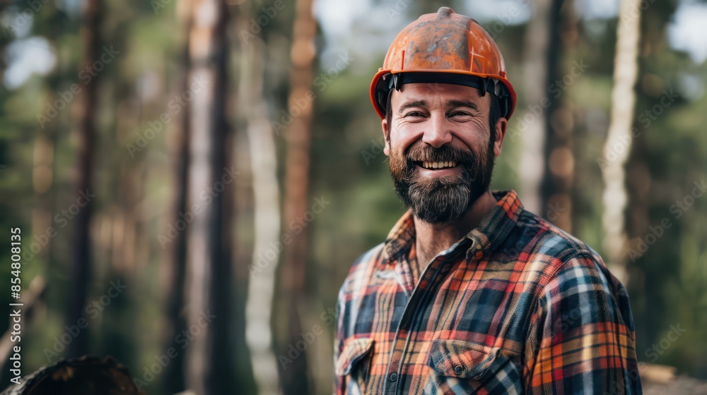 Smiling forest worker in the wood harvest carries tree trunk with a colleague