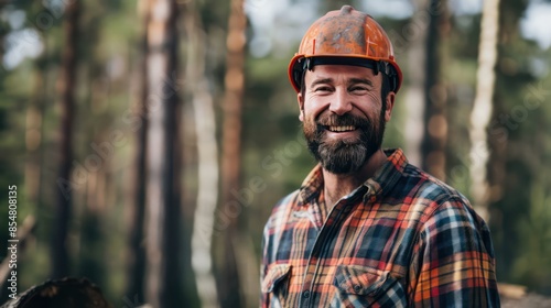 Smiling forest worker in the wood harvest carries tree trunk with a colleague