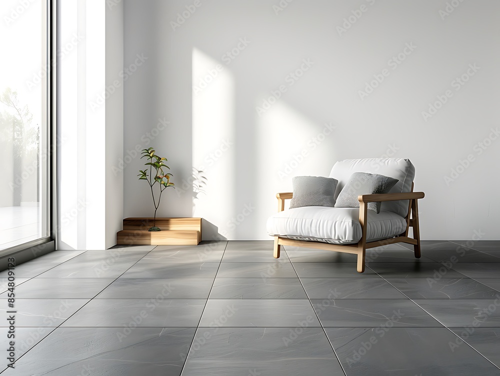 © azlani art - A sleek monochrome lounge with wooden accents and a white armchair complementing the refined grey tiled floor, exuding contemporary charm. © azlani art - A sleek monochrome lounge with wooden accents and a white armchair complementing the refined grey tiled floor, exuding contemporary charm.