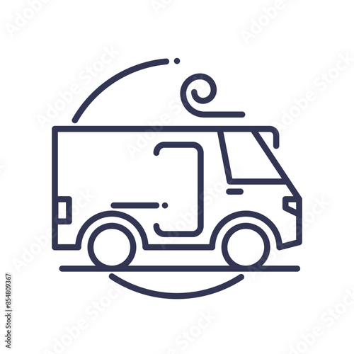 Minimalist line art of a shipping truck with a swirl above it.
