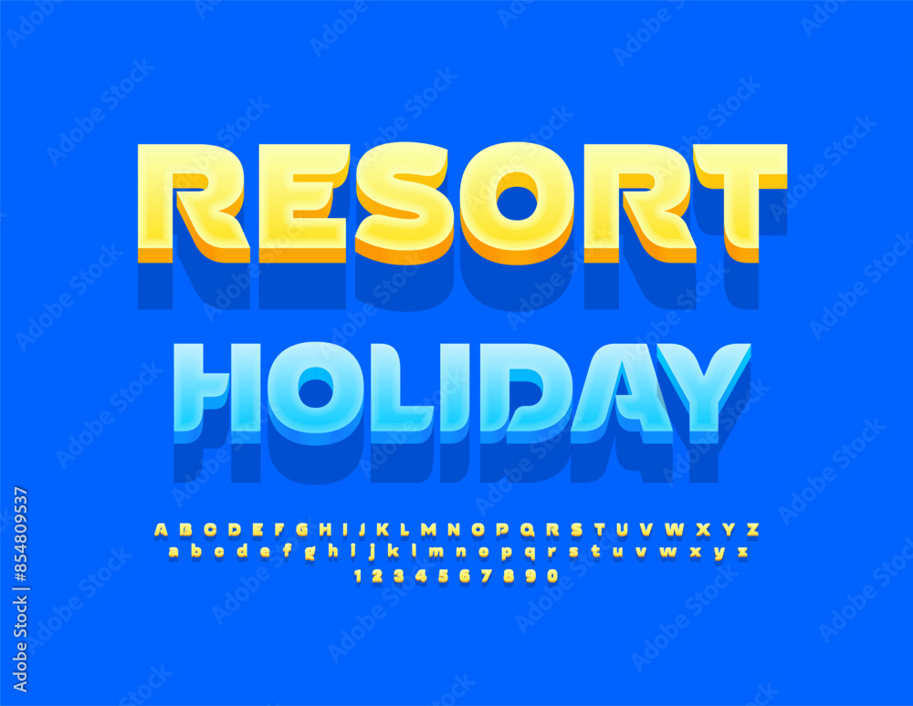 Vector advertising flyer Resort Holiday. Exclusive Yellow Font. Decorative Alphabet Letters and Numbers set. Vector advertising flyer Resort Holiday. Exclusive Yellow Font. Decorative Alphabet Letters and Numbers set.
