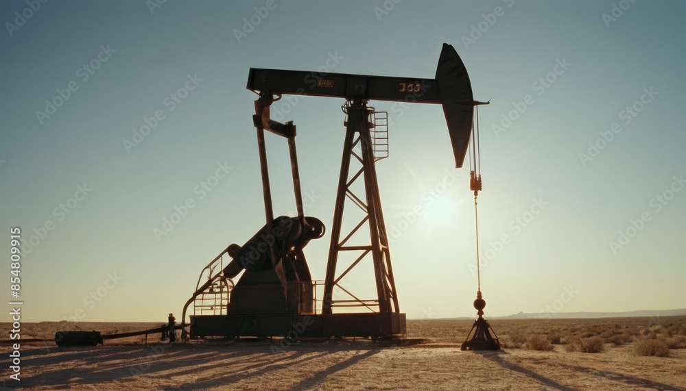 An oil extraction pumpjack working in the middle of a dry, expansive desert under a clear sky An oil extraction pumpjack working in the middle of a dry, expansive desert under a clear sky
