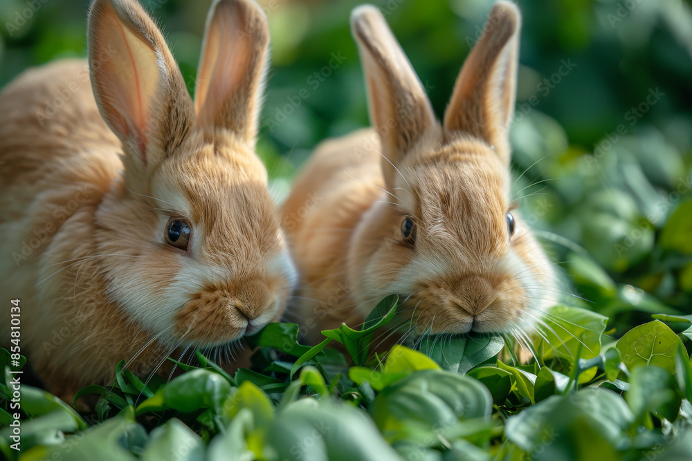 Two Fluffy Brown Rabbits Nibbling on Green Leaves Two Fluffy Brown Rabbits Nibbling on Green Leaves