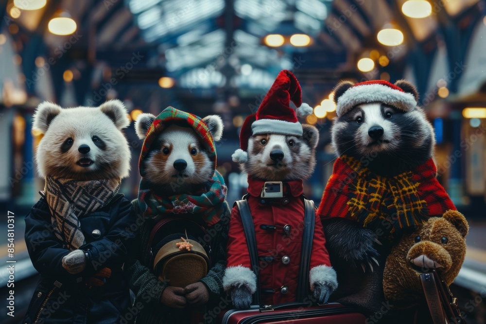 A group of funny animals in festive clothes, celebrating Christmas at a train station in London. A group of funny animals in festive clothes, celebrating Christmas at a train station in London.