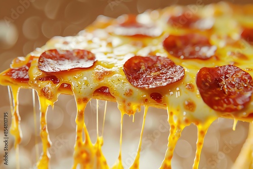 Zoomed-in shot, juicy pepperoni pizza slice with melted cheese stretch, hyper-realistic, vibrant colors, soft shadows, 3D rendering