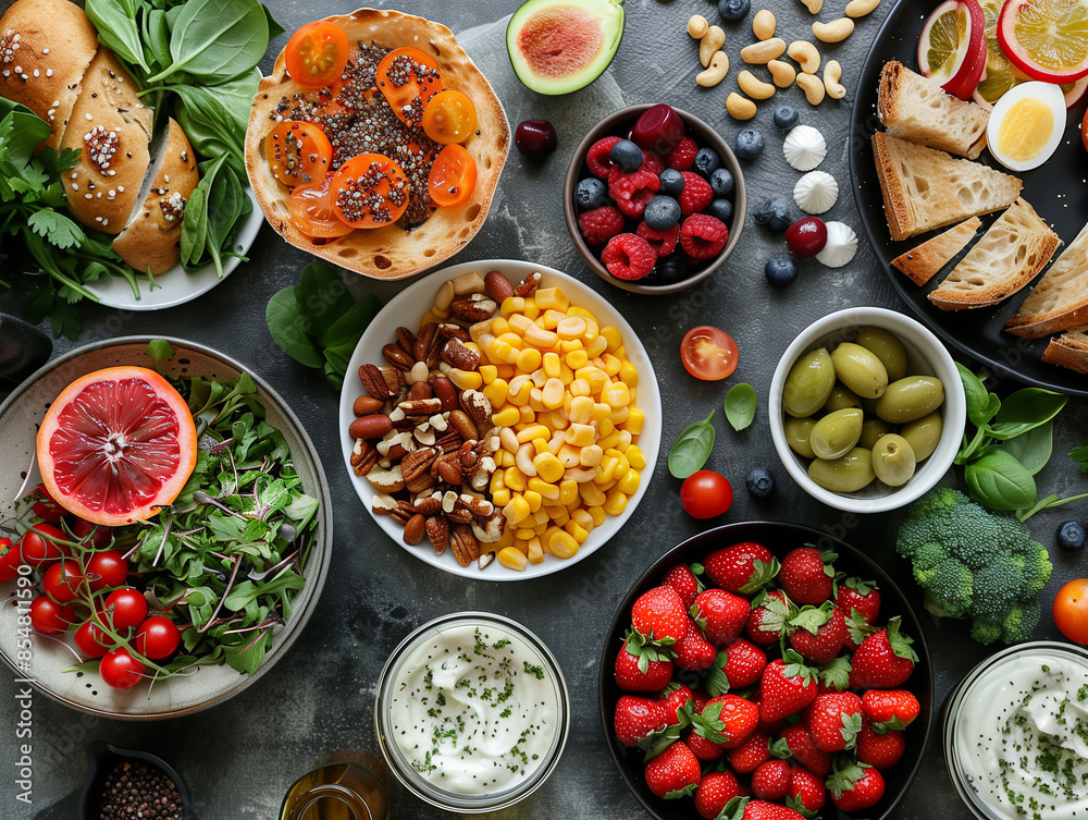 Healthy lifestyle meal flat lay Healthy lifestyle meal flat lay