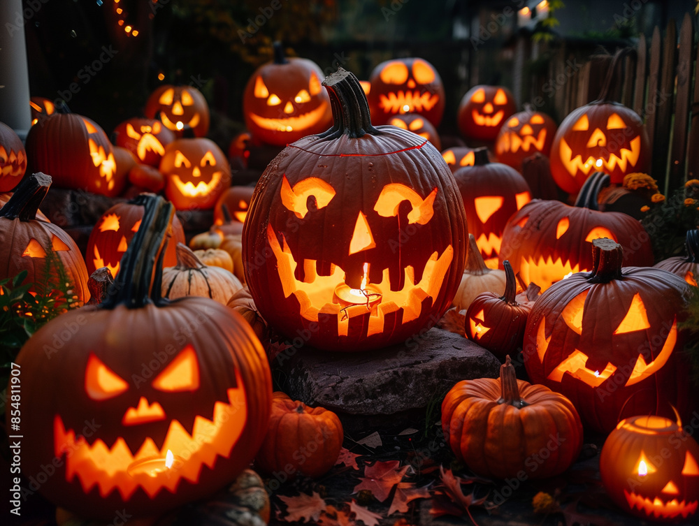 illuminated carved pumpkins with different evil faces in darkness at Halloween night illuminated carved pumpkins with different evil faces in darkness at Halloween night