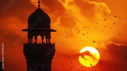 Majestic Sunset Silhouette of Golden Minaret Tower with Flying Birds - Serene Landscape with Intricate Details in Warm Glow