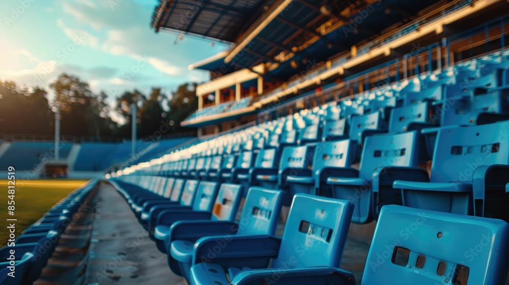 Fototapeta premium Rows of blue seats in an empty stadium during sunset, creating a serene and calm atmosphere.