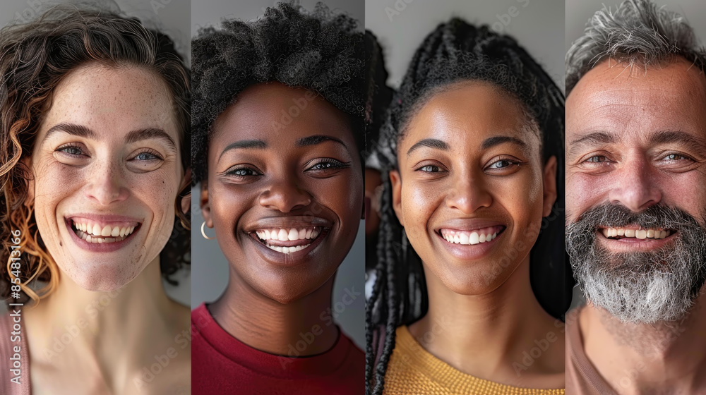Fototapeta premium Four individuals of different races and ages smile brightly in a series of close-up portraits