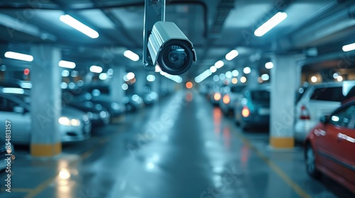 A security camera monitoring a dimly lit, modern parking garage, capturing multiple parked cars under blue lighting. photo