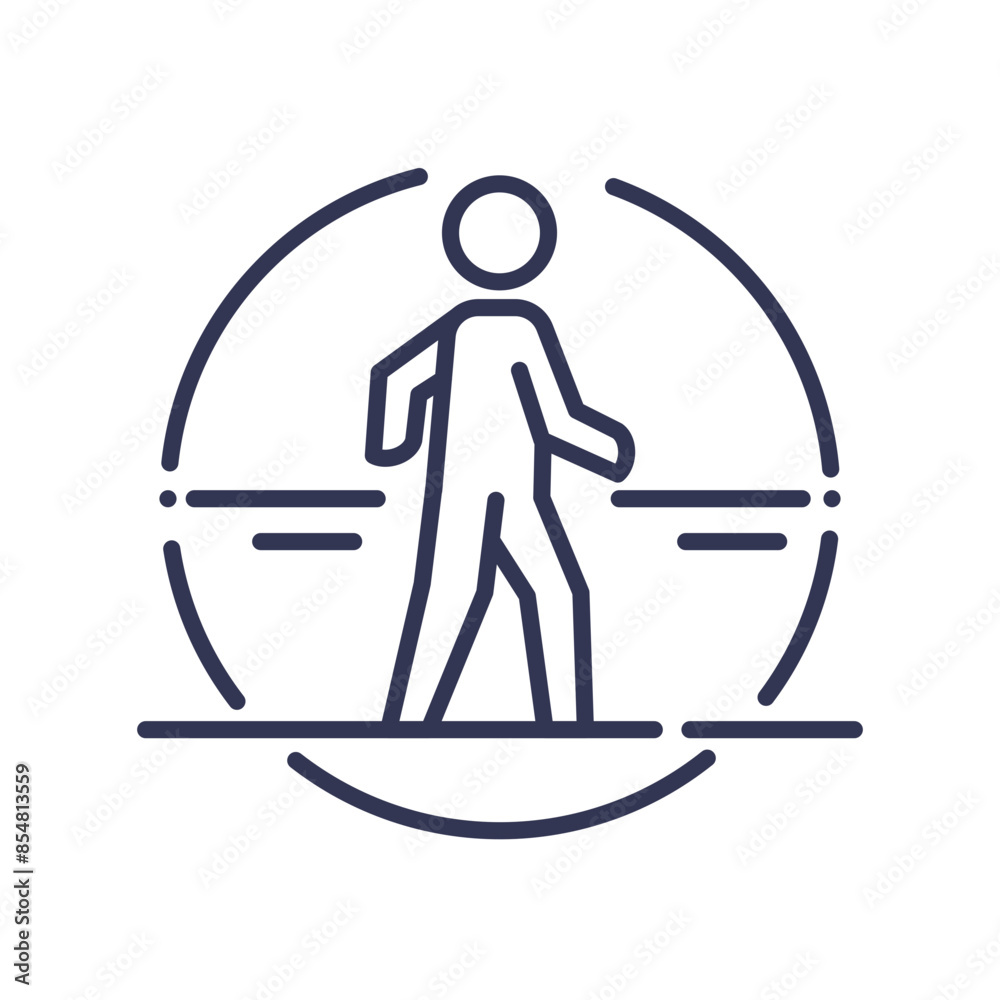 Minimalist icon of a pedestrian walking within a circular frame. Minimalist icon of a pedestrian walking within a circular frame.