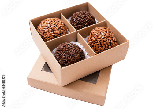 Brigadeiro chocolat truffle balls with crunchy chocolat topping inside a cardboard box transparent png