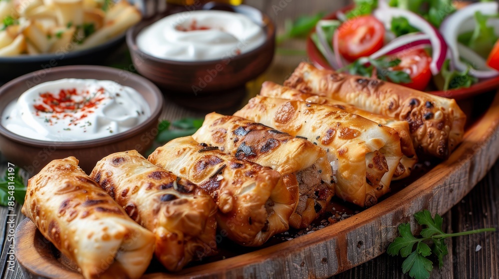 Delicious grilled cheese roll-ups served with dips and a fresh vegetable salad, perfect for food stock