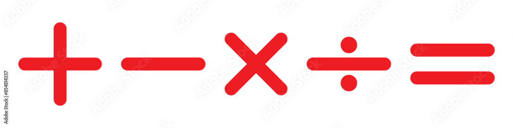 Plus, minus, multiply, divide and equal sign icon design set. Red Mathematical sign symbol icon. Addition, subtraction, multiplication, division, equal sign, icon symbol. Plus, minus, multiply, divide and equal sign icon design set. Red Mathematical sign symbol icon. Addition, subtraction, multiplication, division, equal sign, icon symbol.