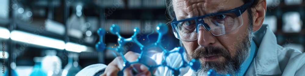 A scientist in a lab coat and safety glasses carefully examines a blue molecular model A scientist in a lab coat and safety glasses carefully examines a blue molecular model