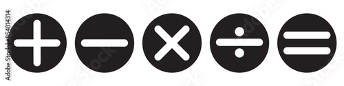 Addition, subtraction, multiplication, division, equal sign, icon vector symbol. Plus, minus, multiply, divide and equal sign icon design set. Mathematical symbol icon. 