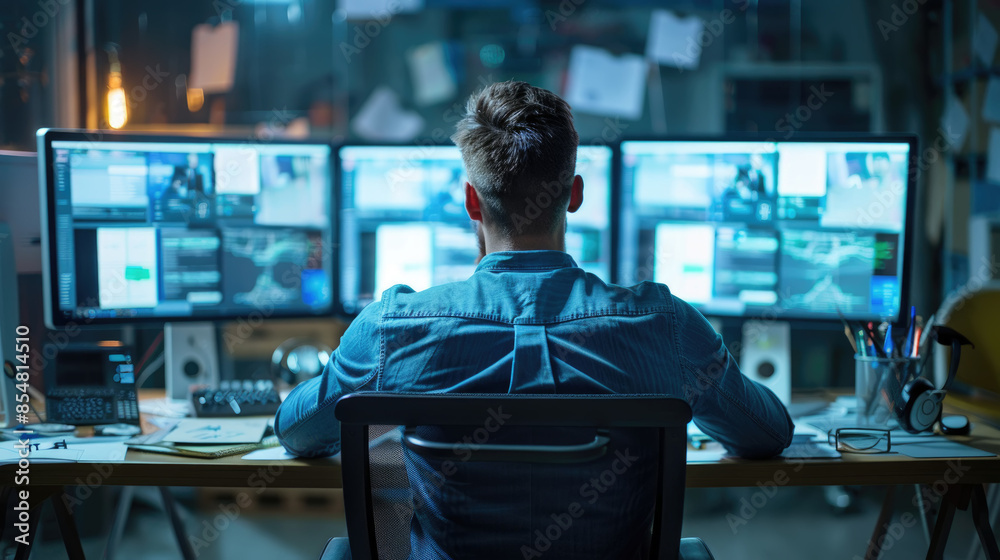 A man sits at a desk in a home office, facing three large computer monitors, working late into the night A man sits at a desk in a home office, facing three large computer monitors, working late into the night