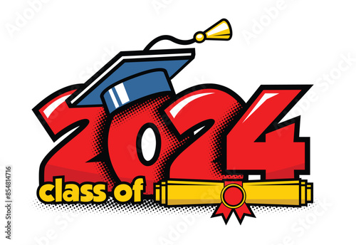 2024 class graduate header. Decorate congratulation for school graduates in comic cartoon style. Vector on transparent background