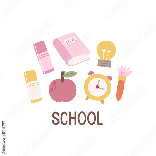 school. Cartoon set for children with thematic elements, hand drawing lettering. Colorful vector illustration, flat style. design for cards, print, poster, cover