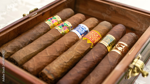 A box of Cuban cigars with intricate labels. photo
