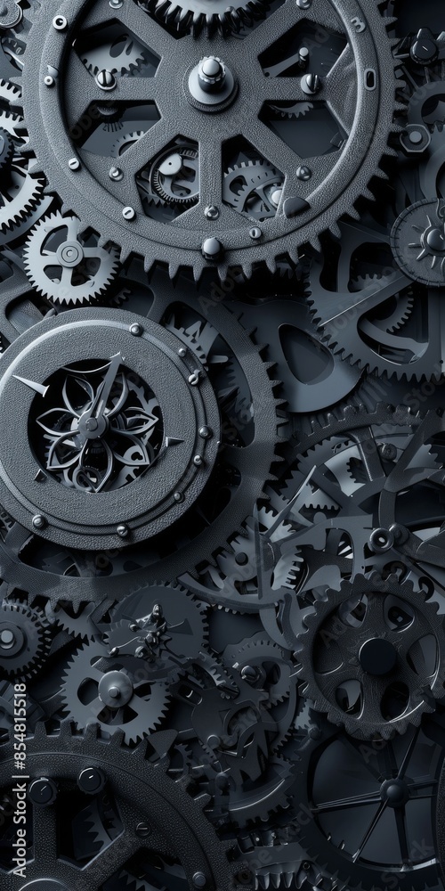 An intricate collection of various sized black gears and cogs tightly interlocked in a complex machinery setup An intricate collection of various sized black gears and cogs tightly interlocked in a complex machinery setup