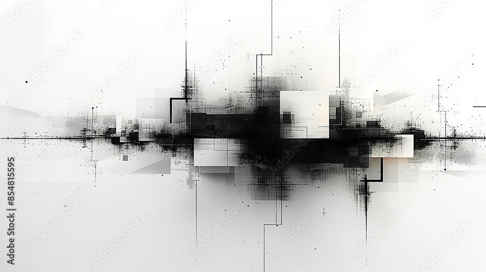 Fototapeta premium Black geometric shapes, watercolor graphic abstract white background in grunge style