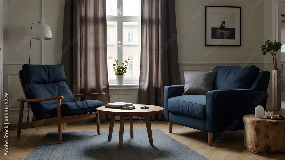 Recliner chair and dark blue sofa in a Scandinavian apartment. A contemporary living room's interior design. Recliner chair and dark blue sofa in a Scandinavian apartment. A contemporary living room's interior design.