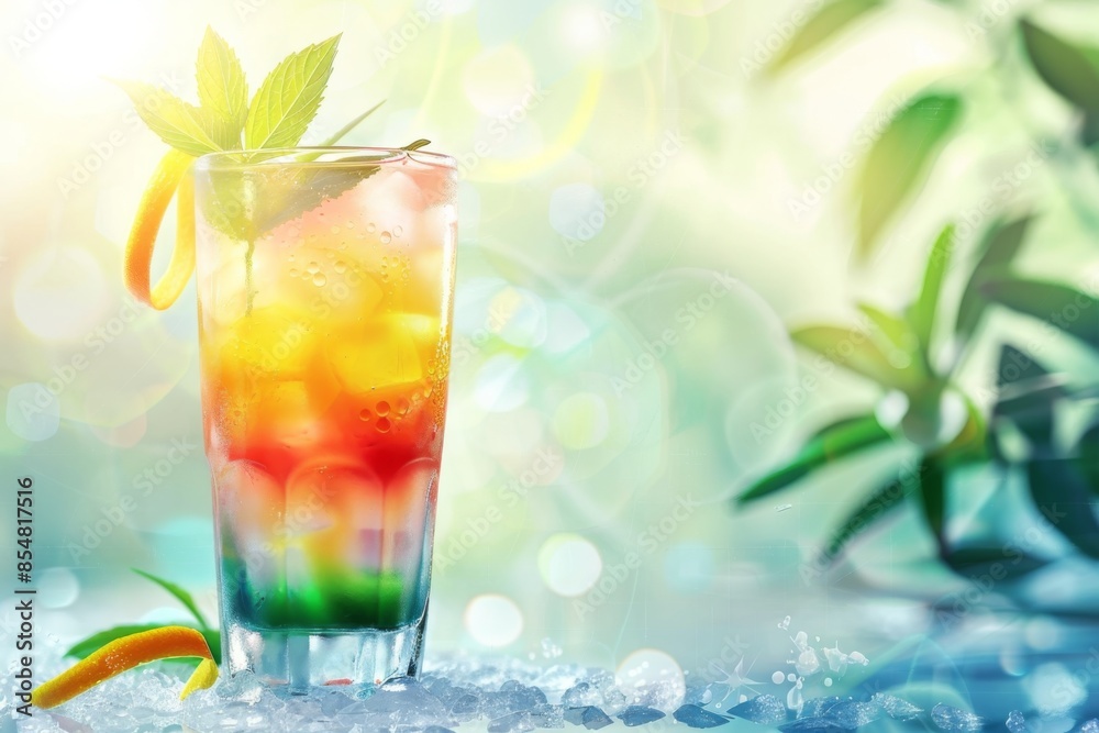 A refreshing layered drink with a twist of lemon and a sprig of mint, perfect for a summer day. The transparent glass showcases the vibrant colors of the tropical ingredients. A refreshing layered drink with a twist of lemon and a sprig of mint, perfect for a summer day. The transparent glass showcases the vibrant colors of the tropical ingredients.