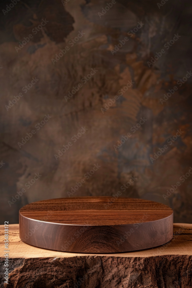 Polished wood product display podium on a dark chocolate background: Warm and elegant, ideal for luxury home decor or artisanal goods, the wood podium and chocolate background create a rich and Polished wood product display podium on a dark chocolate background: Warm and elegant, ideal for luxury home decor or artisanal goods, the wood podium and chocolate background create a rich and