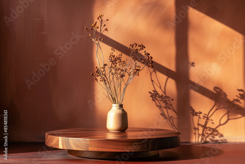 Polished wood product display podium on a rich auburn background: Warm and elegant, ideal for luxury home decor or artisanal goods, the wood podium and auburn background create a cozy and photo
