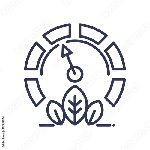 Gauge with leaves symbolizing environmental impact measurement.