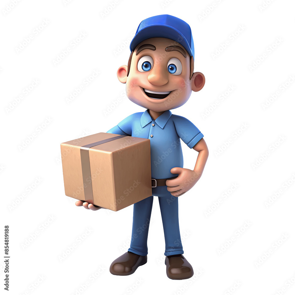 A cartoon man is holding a cardboard box and smiling A cartoon man is holding a cardboard box and smiling