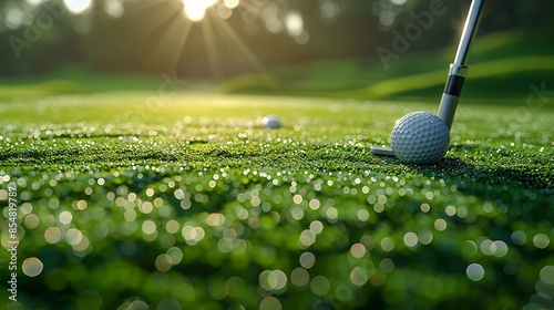 Golf Ball and Club Close-Up on Dewy Morning Golf Course photo