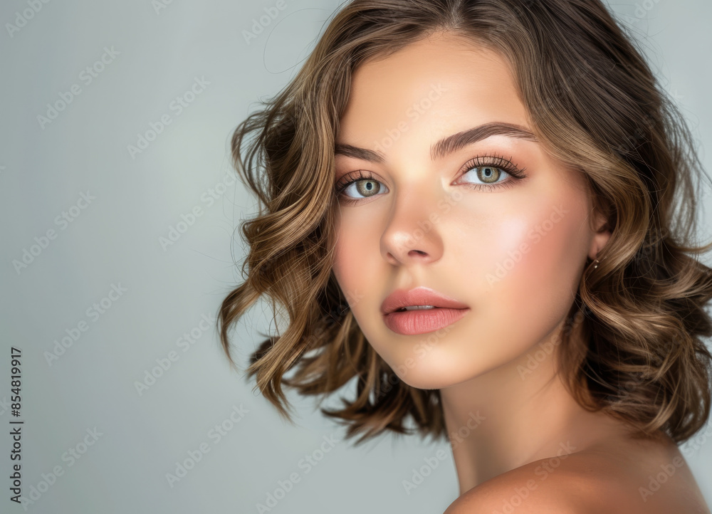 Fototapeta premium A portrait of an attractive woman with brown hair, showcasing her fresh and natural makeup look on light gray background