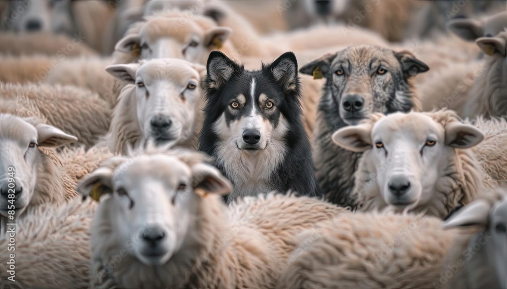 Naklejka premium A black and white dog standing among a flock of sheep, showcasing the concept of uniqueness and blending in.