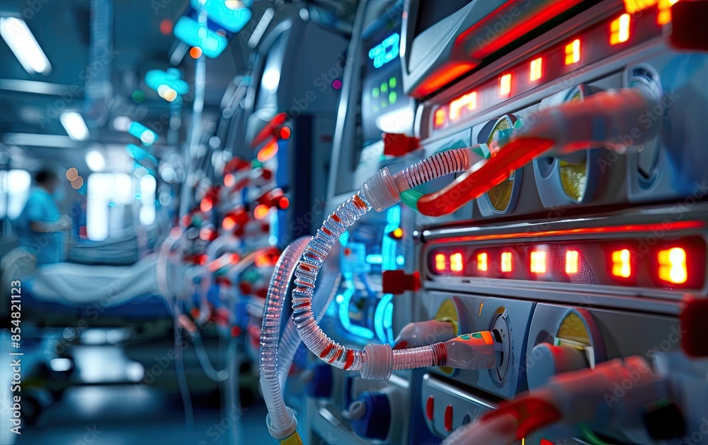 Close-up of modern medical equipment in a hospital ICU room, showcasing life support machines and their illuminating LED displays. Close-up of modern medical equipment in a hospital ICU room, showcasing life support machines and their illuminating LED displays.