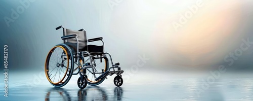 Empty wheelchair on a reflective surface with blurred background, representing mobility and healthcare.