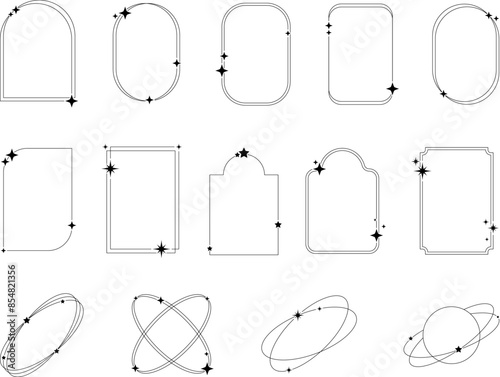 Frames collection with different stars. Minimalistic linear frames, arches, elements, geometric shapes and lines. Arch frame with sparkles Frames for poster design, vector illustration in modern style
