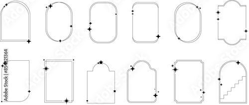 Frames collection with different stars. Minimalistic linear frames, arches, elements, geometric shapes and lines. Arch frame with sparkles Frames for poster design, vector illustration in modern style