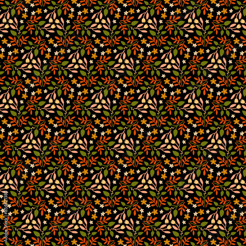 Autumn seasonal small flower background Tiny floral fabric, wallpaper and home décor Simple colorful flowers leaves on a dark brown background Ditsy girl dress print