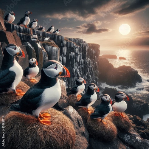 A group of seagulls are sitting on a rocky cliff overlooking the ocean photo