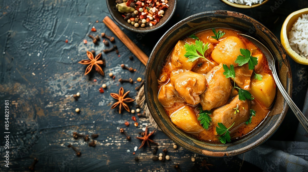 Authentic Thai Massaman Curry with chicken, potatoes, and a blend of aromatic spices like cinnamon and cardamom, served in a rustic bowl with steamed rice