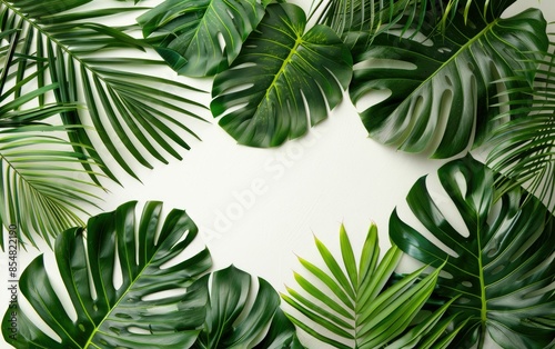 An arrangement of various green tropical leaves on a white background, creating a fresh, natural atmosphere.