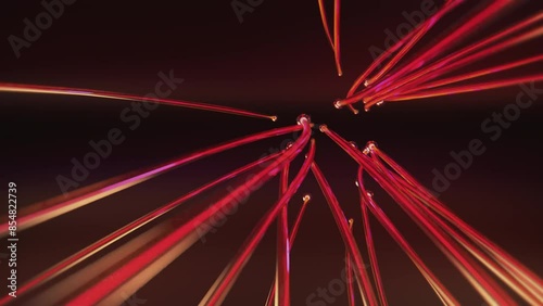 Glowing Glass Spheres travel in space leaving bright red-orange neon light tube tails in Space. Abstract futuristic 3d loop animation on black background in 4K.