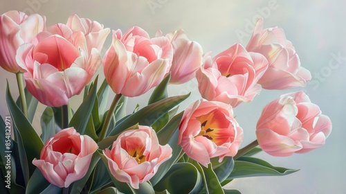 Pink tulips are resting on a canvas