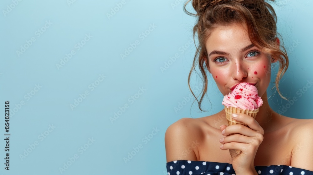 Model posing with Ice Cream: Brunette woman in a yellow polka dot dress, holding her ice cream cone playfully to her lips, with a clean, isolated light blue background. Model posing with Ice Cream: Brunette woman in a yellow polka dot dress, holding her ice cream cone playfully to her lips, with a clean, isolated light blue background.