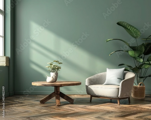 Scandinavian style living room featuring wooden coffee table, lounge chair, and gray sofa against a green wall. Modern home interior design with a cozy ambiance