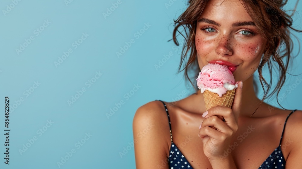 Model posing with Ice Cream: Brunette woman in a yellow polka dot dress, holding her ice cream cone playfully to her lips, with a clean, isolated light blue background. Model posing with Ice Cream: Brunette woman in a yellow polka dot dress, holding her ice cream cone playfully to her lips, with a clean, isolated light blue background.