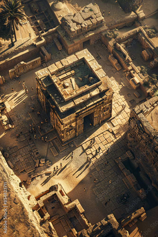 Aerial view of ancient ruins bathed in warm sunlight showing intricate architectural details and historical significance Aerial view of ancient ruins bathed in warm sunlight showing intricate architectural details and historical significance